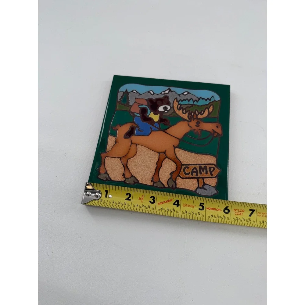 Masterworks Ceramic Tile Trivet 6in Green Bear Riding Moose Vintage Art Decor